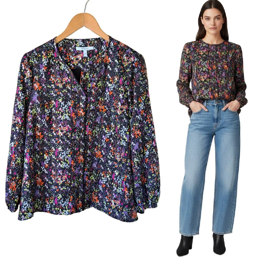 DEREK LAM 10 CROSBY Metallic Dark Floral Blouse Size 12 Black Multi Long Sleeve
